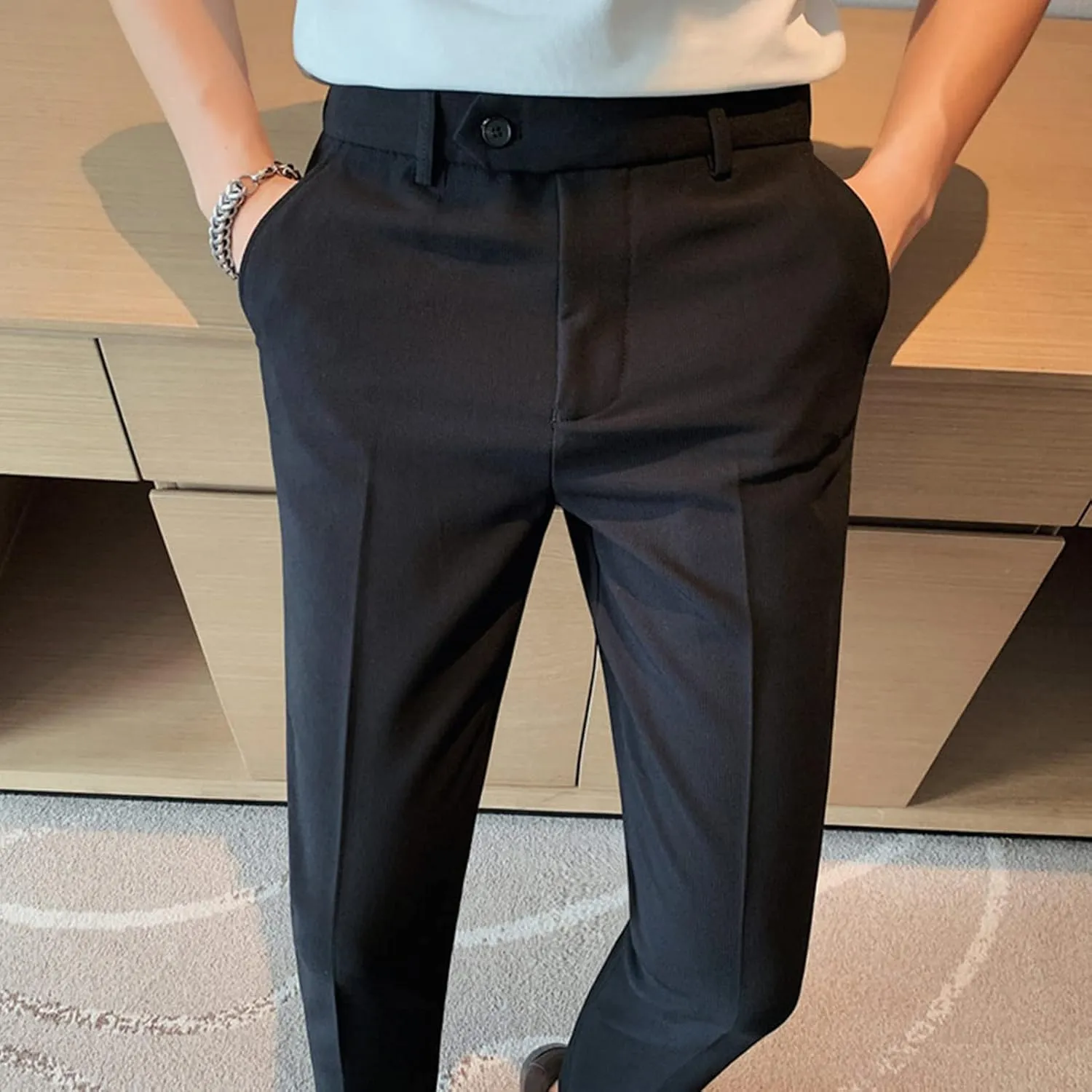 DGHM-JLMY Men's Summer Thin British Cropped Pants Slim Fit Ankle-Length Dress Pants Stretch Cropped Skinny Pants