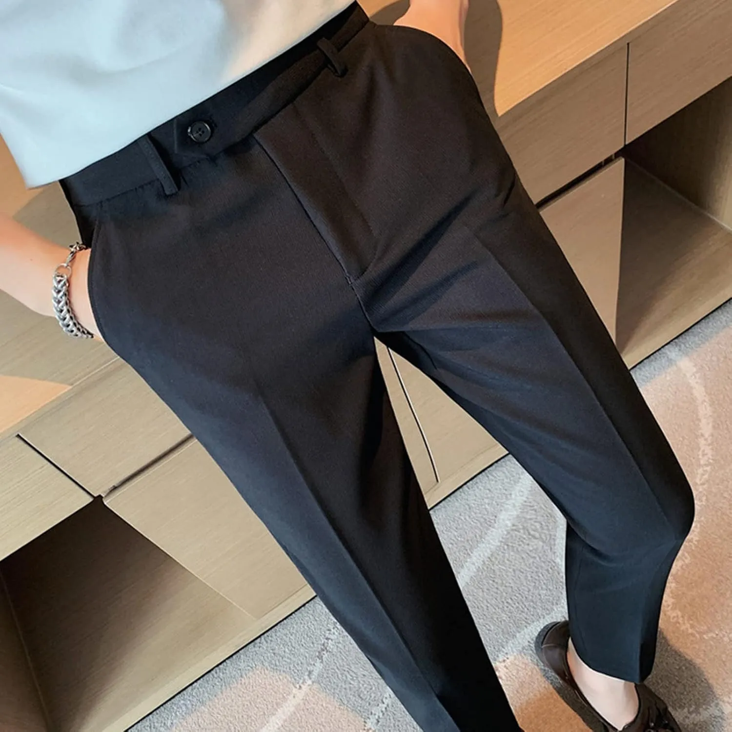 DGHM-JLMY Men's Summer Thin British Cropped Pants Slim Fit Ankle-Length Dress Pants Stretch Cropped Skinny Pants