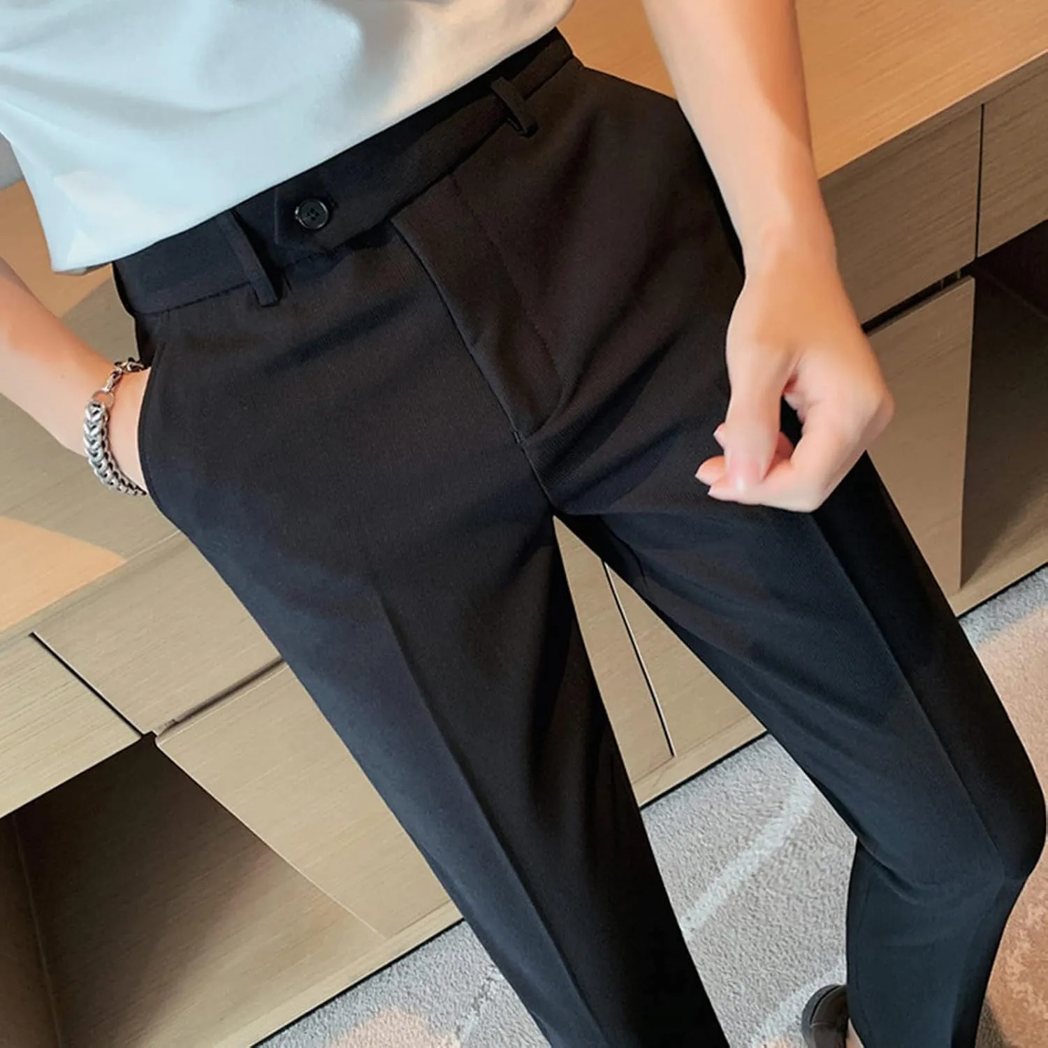 DGHM-JLMY Men's Summer Thin British Cropped Pants Slim Fit Ankle-Length Dress Pants Stretch Cropped Skinny Pants