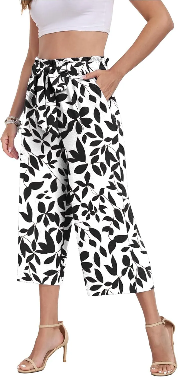 DILIUXING Womens Wide Leg Lounge Capri Pants with Pockets Lightweight High Waisted Adjustable Loose Tie Knot Trouser