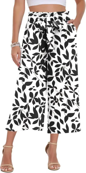 DILIUXING Womens Wide Leg Lounge Capri Pants with Pockets Lightweight High Waisted Adjustable Loose Tie Knot Trouser