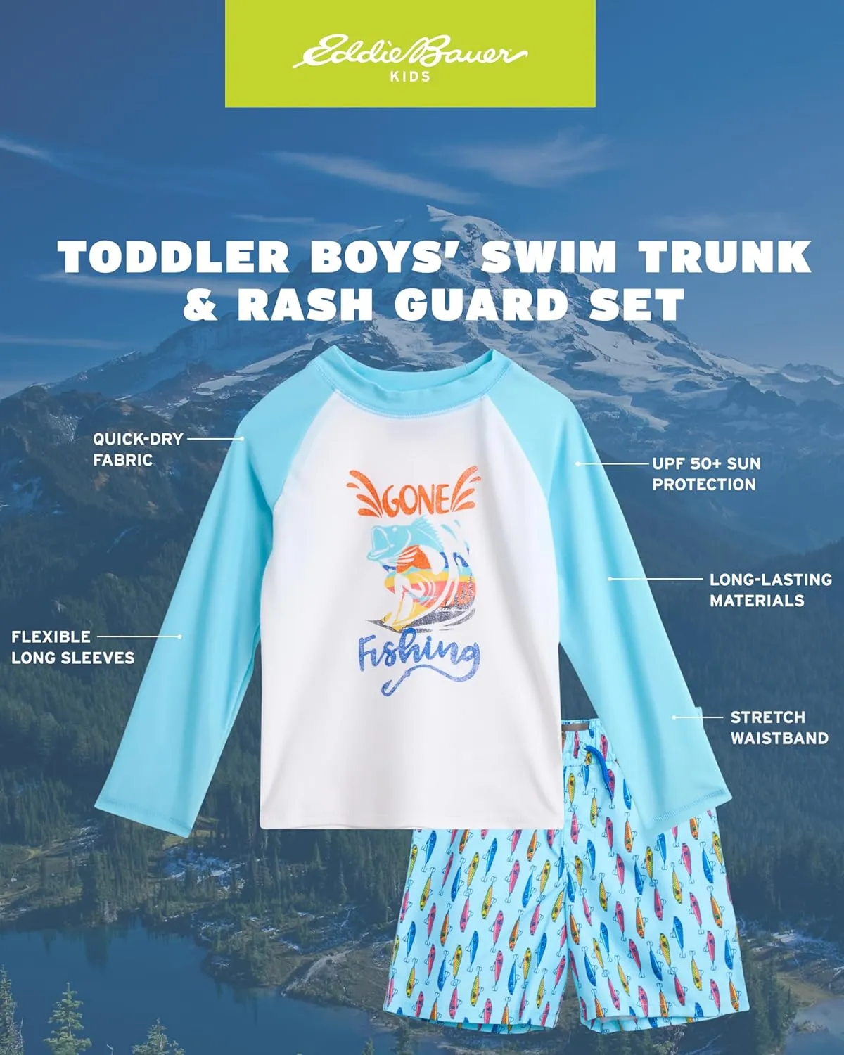 Eddie Bauer Toddler Boys' Rash Guard Set - 2 Piece UPF 50  Quick Dry Swim Shirt and Trunks - Baby Boy Swimsuit (Sizes: 2T-4T)