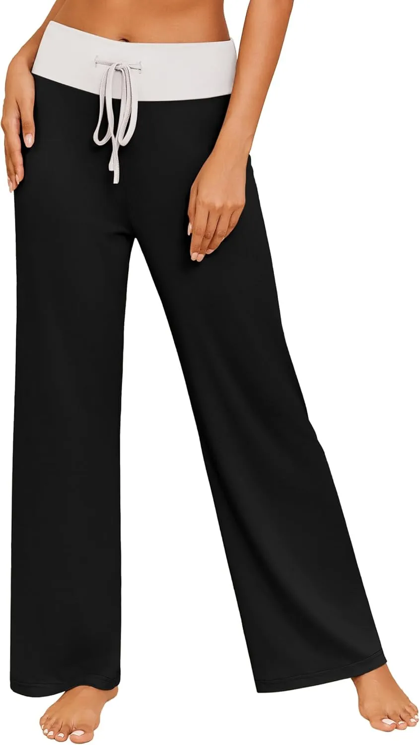 Ekouaer Women's Pajama Pants Wide Leg Yoga Pants Lounge Drawstring Pants Comfy Stretch Plaid Pj Bottoms