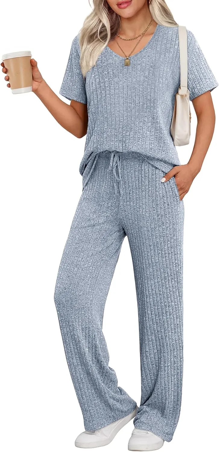 Ekouaer Womens Ribbed Knit Lounge Set Short Sleeve Top and Long Pants Sleepwear Pajama Set Two Piece Matching Outfits Set