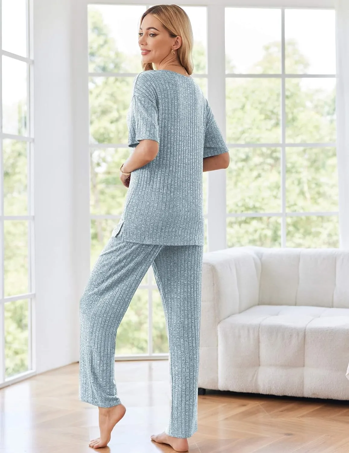 Ekouaer Womens Ribbed Knit Lounge Set Short Sleeve Top and Long Pants Sleepwear Pajama Set Two Piece Matching Outfits Set