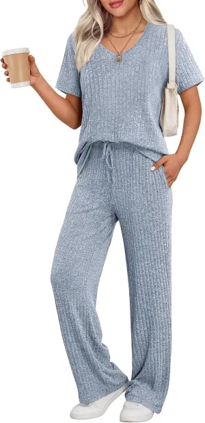 Ekouaer Womens Ribbed Knit Lounge Set Short Sleeve Top and Long Pants Sleepwear Pajama Set Two Piece Matching Outfits Set