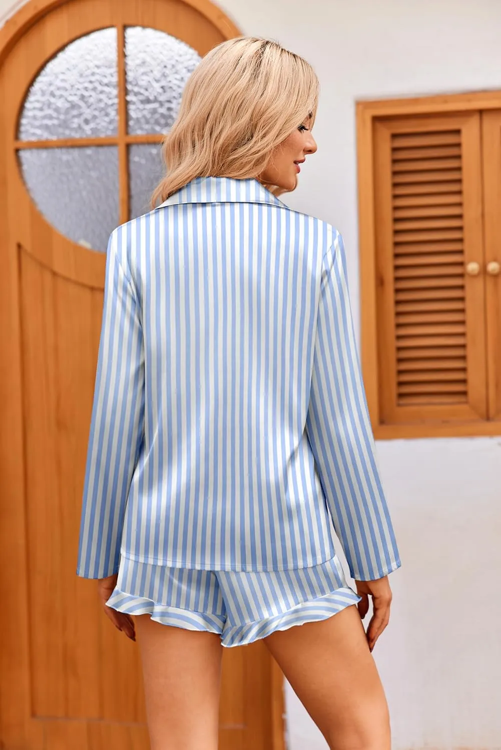 Ekouaer Womens Satin Pajama Sets Long Sleeve Top and Shorts Lounge Set Button Down Sleepwear