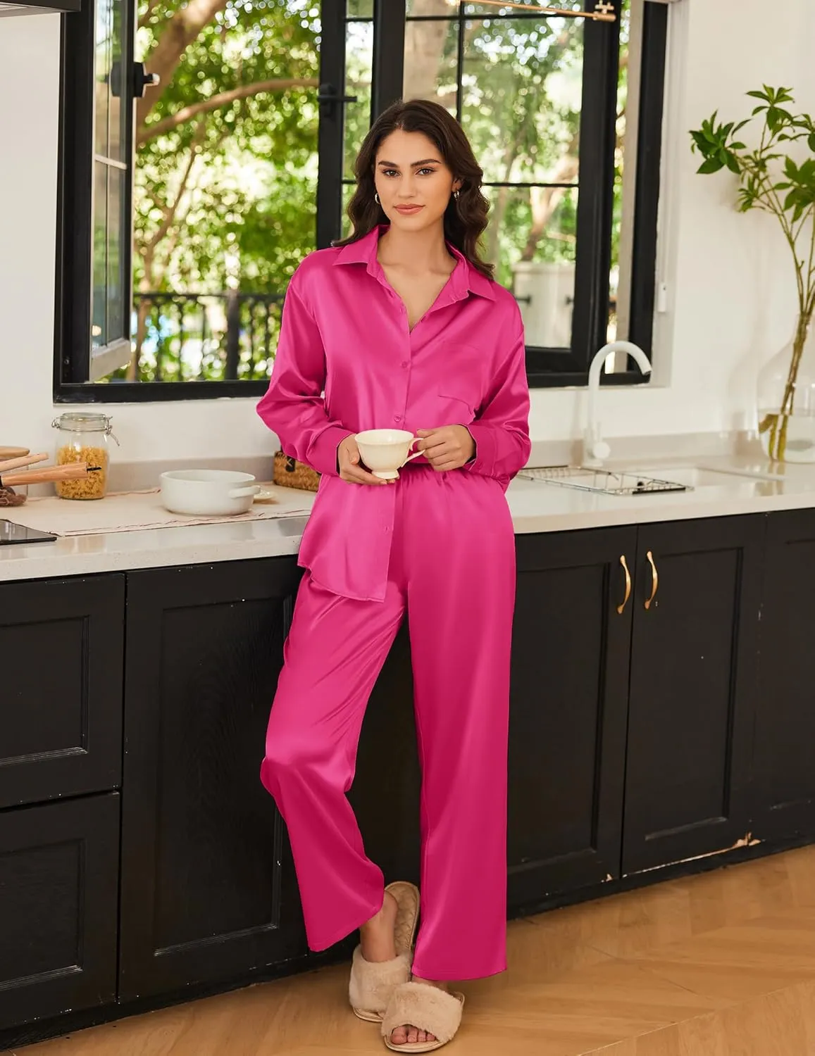 Ekouaer Womens Satin Silky Pajama Set 2 Piece Print PJs Soft Loungewear Button Down Sleepwear with Elastic Waist Long Pants