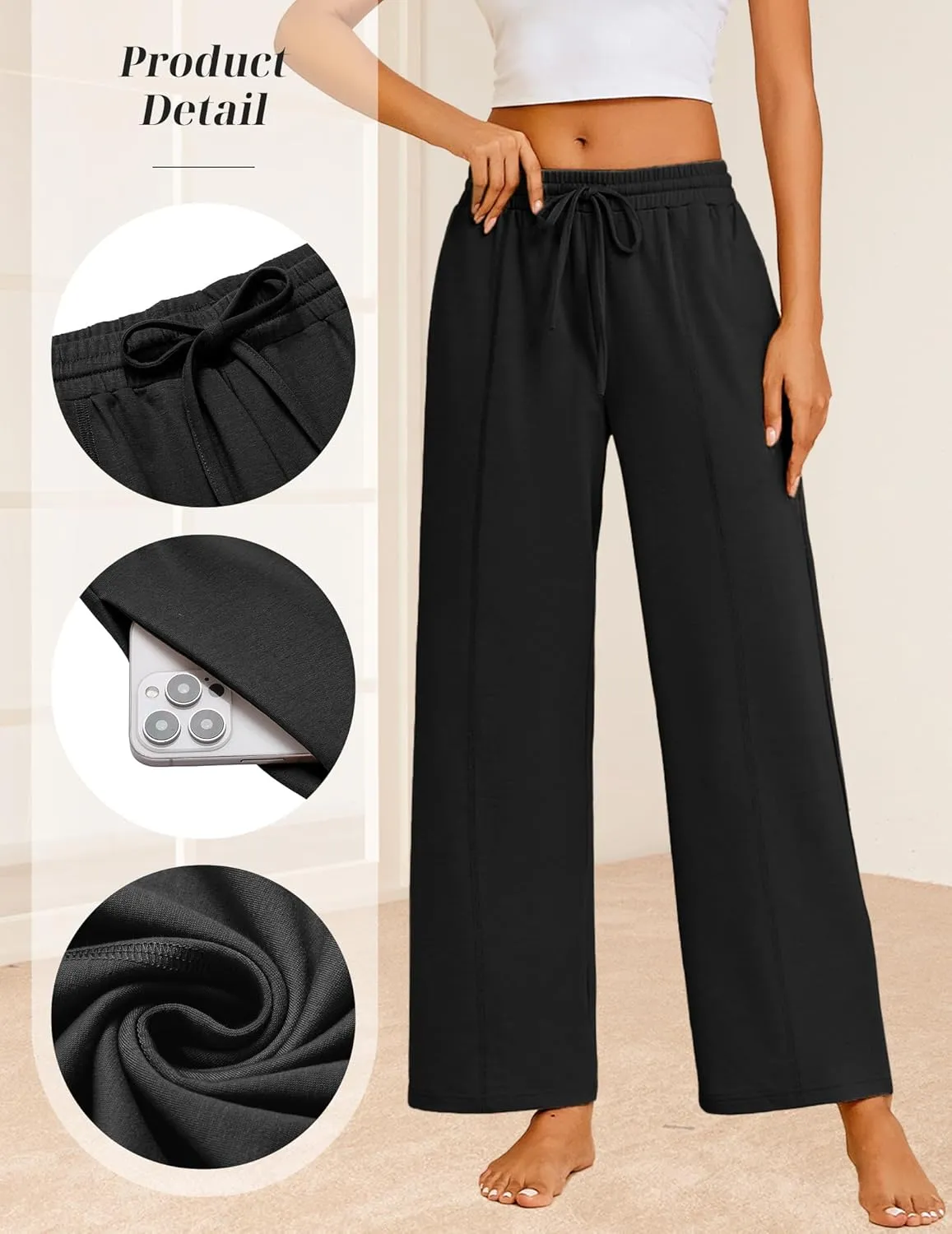 Ekouaer Women's Wide Leg Yoga Pants Elastic Waist Sweatpants Drawstring Pajama Bottoms Comfy Lounge Pants with Pockets