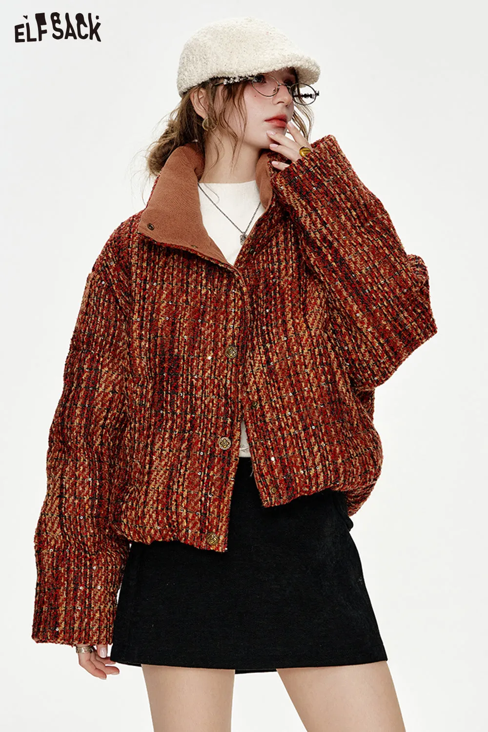 ELFSACK 2024 Winter New Arrivals New Year Tweed Sequin Metal Button Short Down Jacket Women