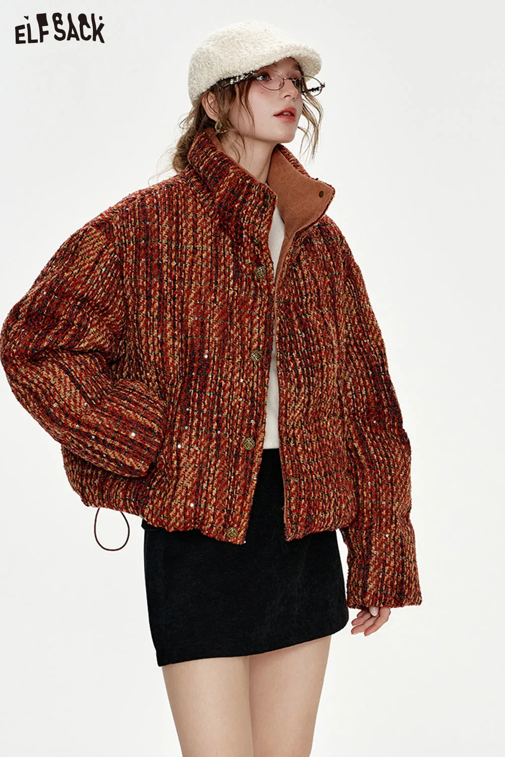 ELFSACK 2024 Winter New Arrivals New Year Tweed Sequin Metal Button Short Down Jacket Women