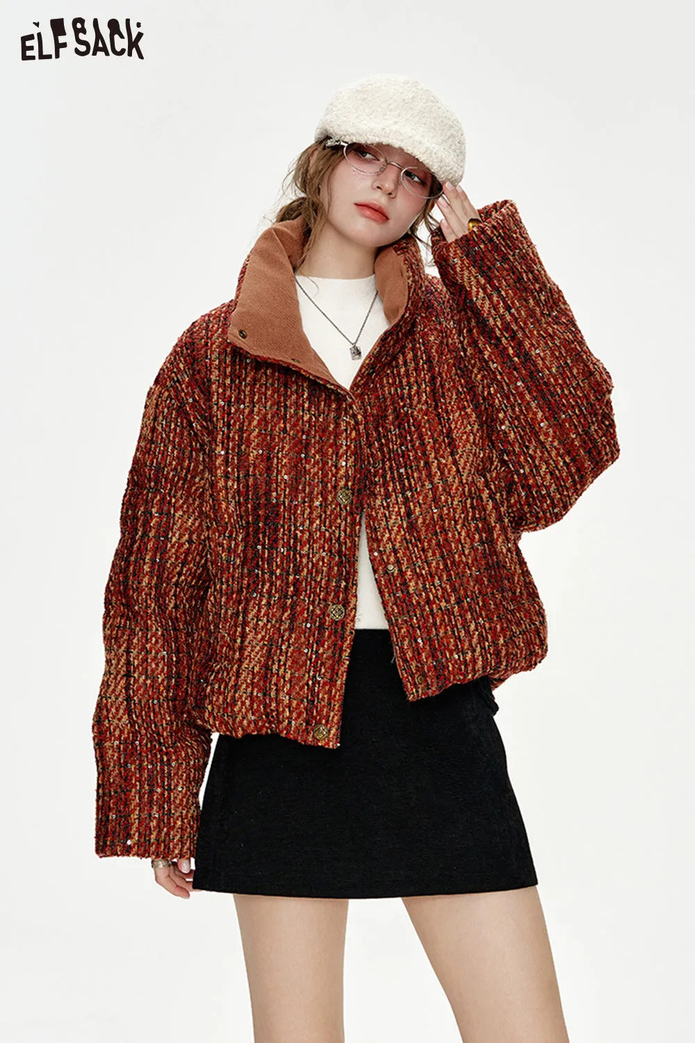 ELFSACK 2024 Winter New Arrivals New Year Tweed Sequin Metal Button Short Down Jacket Women