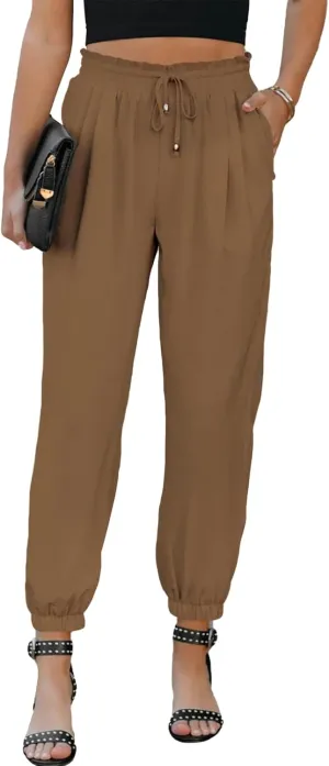 EVALESS Womens 2025 Summer Casual Pants Drawstring Elastic High Waisted Work Trousers Joggers Trendy Harem Pants with Pockets