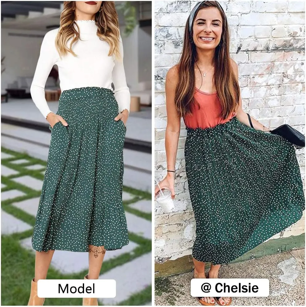 EXLURA Womens High Waist Polka Dot Pleated Maxi Skirt Midi Swing Skirt Beach Vacation Cruise Outfits with Pockets