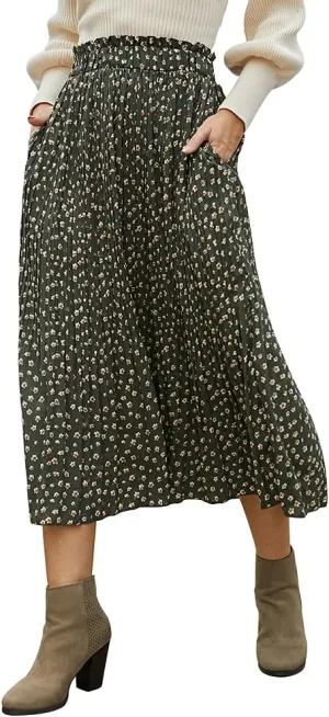 EXLURA Womens High Waist Polka Dot Pleated Maxi Skirt Midi Swing Skirt Beach Vacation Cruise Outfits with Pockets