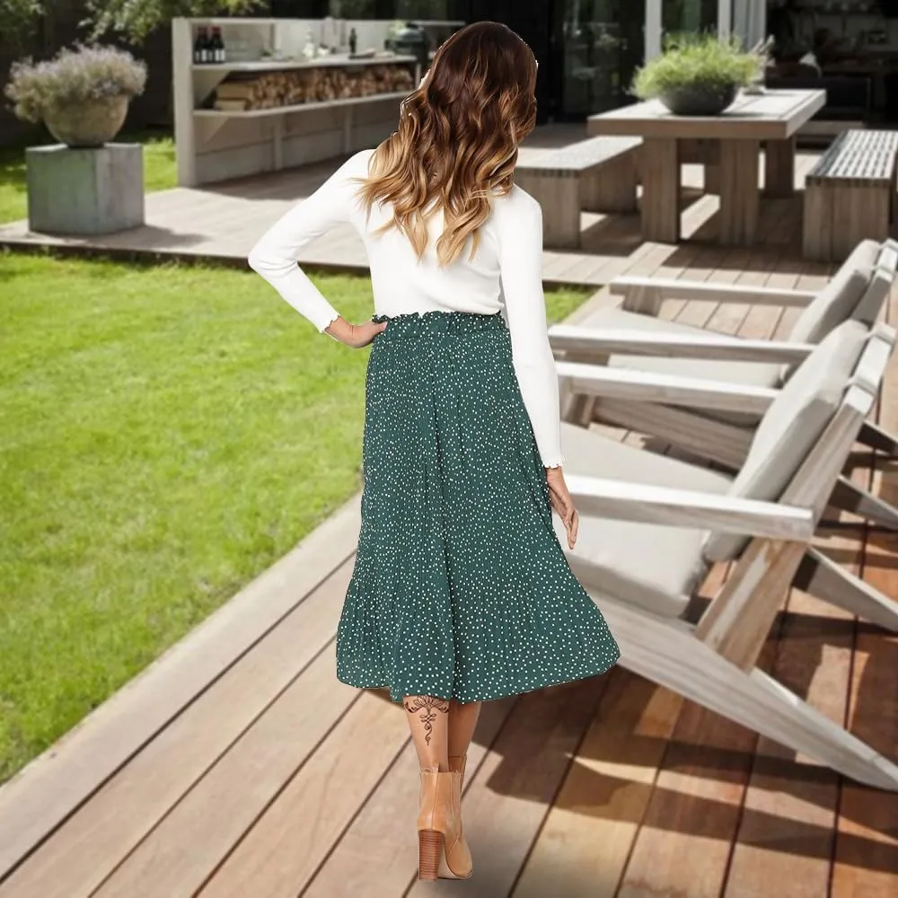 EXLURA Womens High Waist Polka Dot Pleated Maxi Skirt Midi Swing Skirt Beach Vacation Cruise Outfits with Pockets