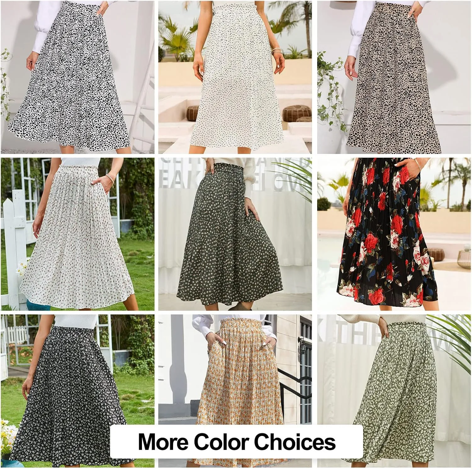 EXLURA Womens High Waist Polka Dot Pleated Maxi Skirt Midi Swing Skirt Beach Vacation Cruise Outfits with Pockets