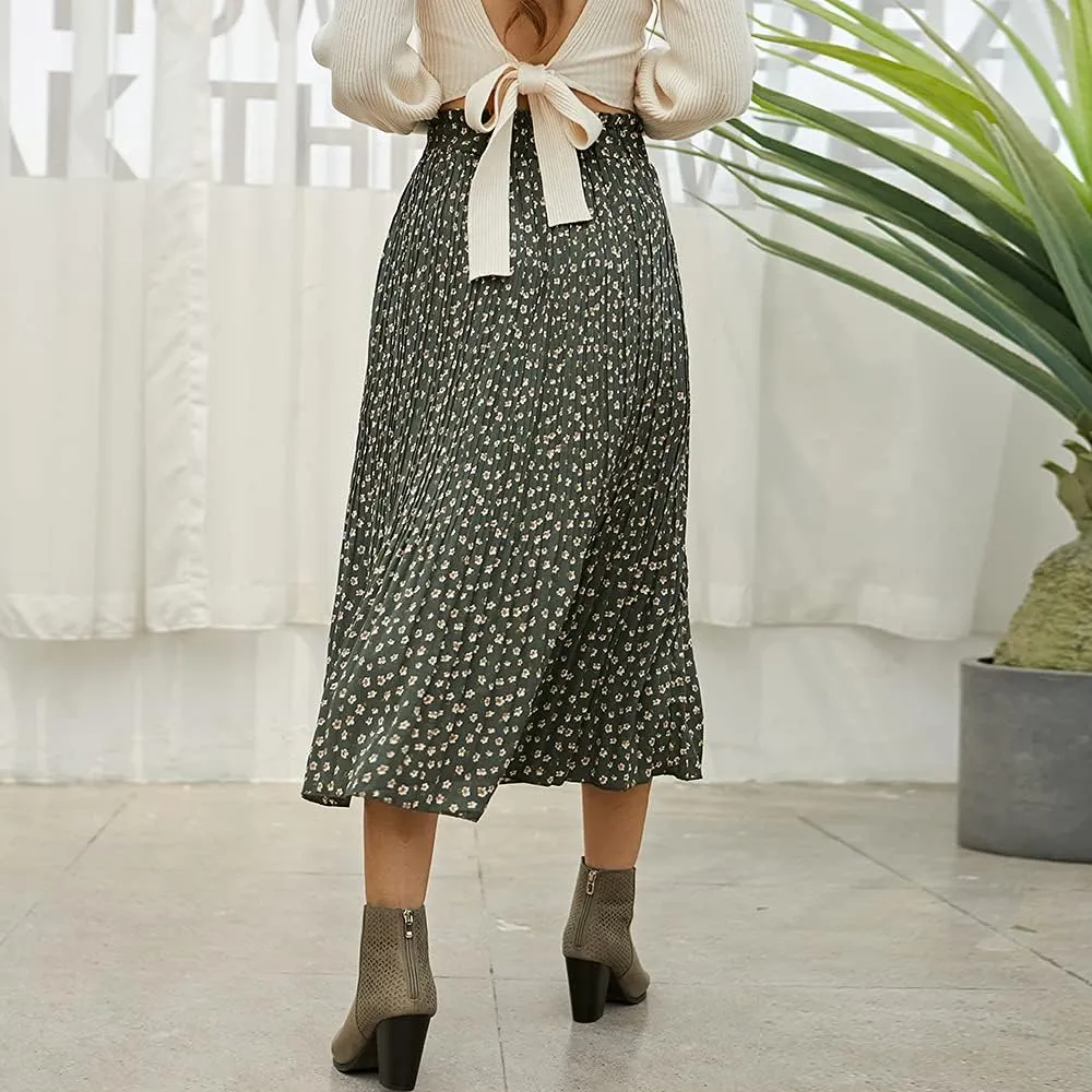 EXLURA Womens High Waist Polka Dot Pleated Maxi Skirt Midi Swing Skirt Beach Vacation Cruise Outfits with Pockets