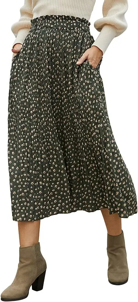 EXLURA Womens High Waist Polka Dot Pleated Maxi Skirt Midi Swing Skirt Beach Vacation Cruise Outfits with Pockets