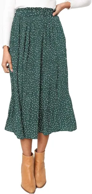 EXLURA Womens High Waist Polka Dot Pleated Maxi Skirt Midi Swing Skirt Beach Vacation Cruise Outfits with Pockets
