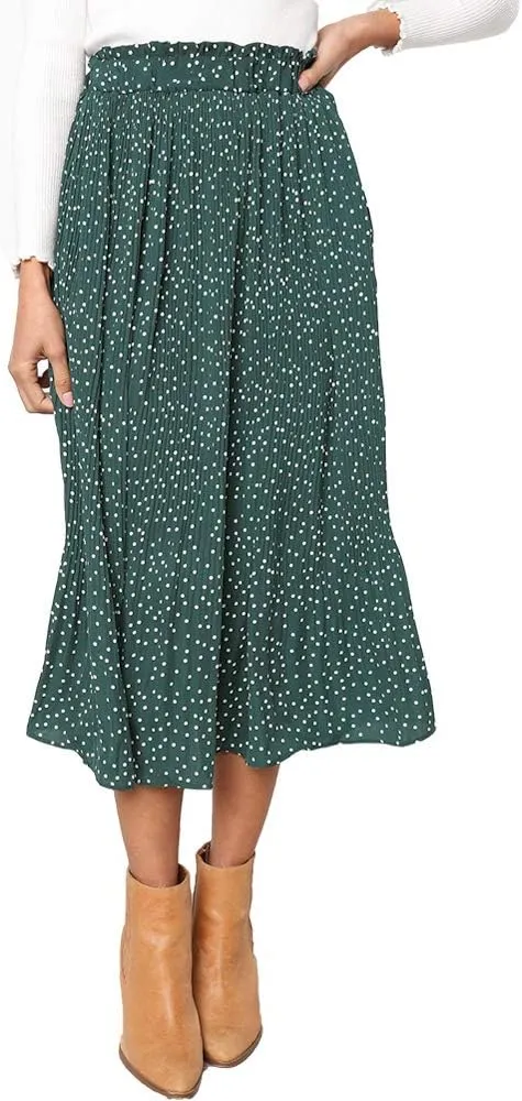 EXLURA Womens High Waist Polka Dot Pleated Maxi Skirt Midi Swing Skirt Beach Vacation Cruise Outfits with Pockets