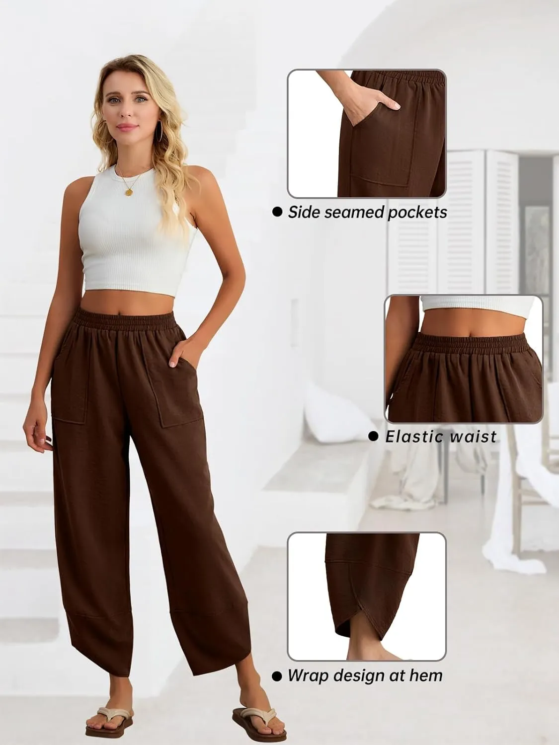 Feiersi Womens Baggy Wide Leg Pants Elastic Waisted Casual Palazzo Harem Pants Summer Beach Trousers