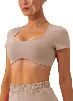 FEOYA Scoop Neck Sexy Sports Bra for Women Padded Low Cut Low Impact Workout Fitness Bra U Back Curved Sculpt Bra