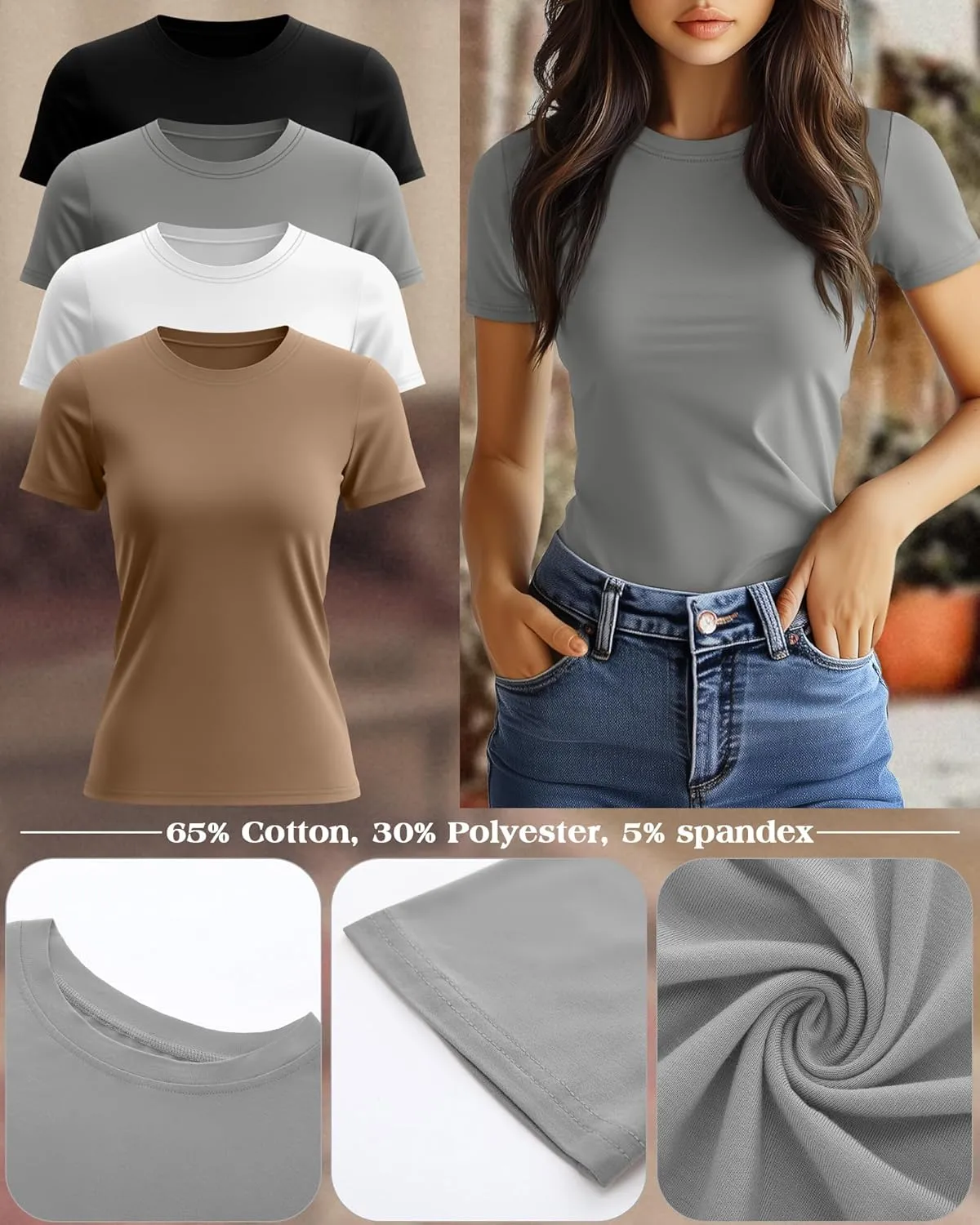 Ficerd 4 Pack Women's Short Sleeve T Shirts Cotton Crew Neck Slim Fitted Tops Basic Casual Shirts Stretchy Going Out Tees