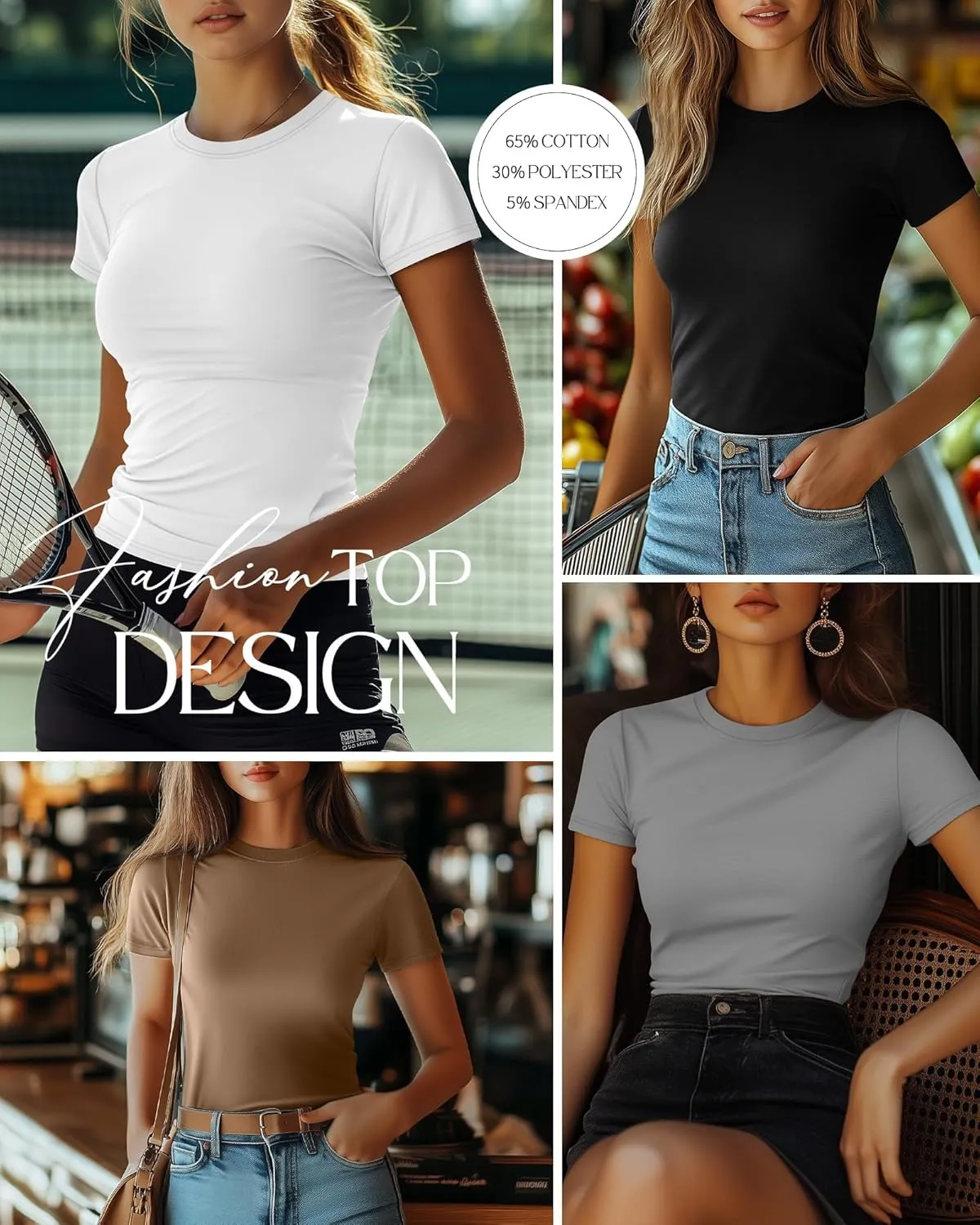 Ficerd 4 Pack Women's Short Sleeve T Shirts Cotton Crew Neck Slim Fitted Tops Basic Casual Shirts Stretchy Going Out Tees
