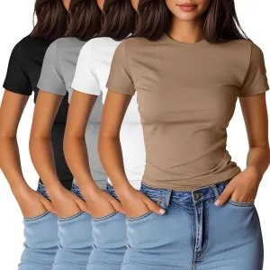 Ficerd 4 Pack Women's Short Sleeve T Shirts Cotton Crew Neck Slim Fitted Tops Basic Casual Shirts Stretchy Going Out Tees