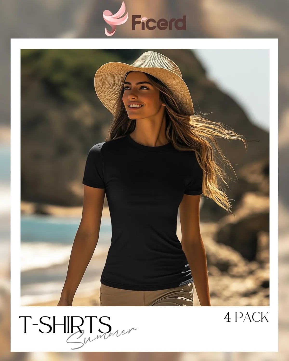 Ficerd 4 Pack Women's Short Sleeve T Shirts Cotton Crew Neck Slim Fitted Tops Basic Casual Shirts Stretchy Going Out Tees