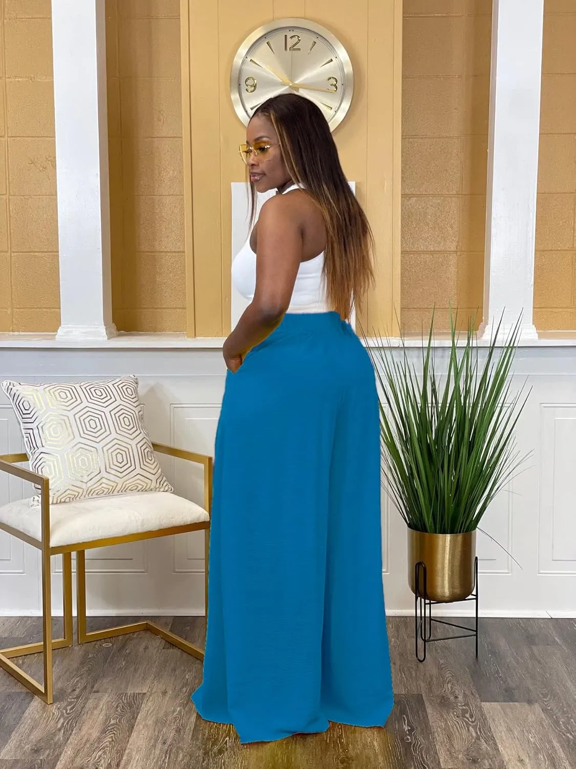 Flowy Pants for Women Casual High Waisted Wide Leg Palazzo Pants Trousers with Pocket Plus Size