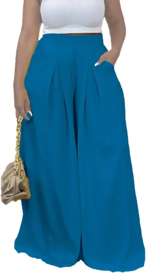 Flowy Pants for Women Casual High Waisted Wide Leg Palazzo Pants Trousers with Pocket Plus Size