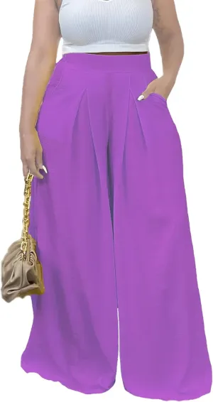 Flowy Pants for Women Casual High Waisted Wide Leg Palazzo Pants Trousers with Pocket Plus Size