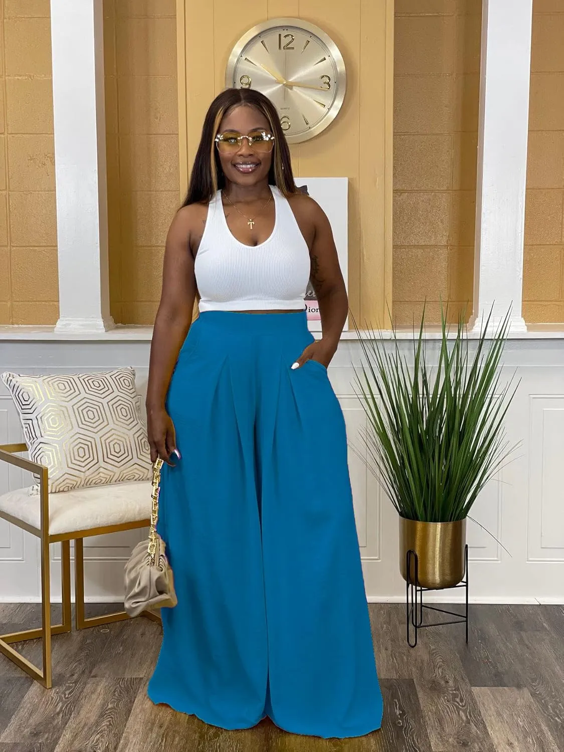 Flowy Pants for Women Casual High Waisted Wide Leg Palazzo Pants Trousers with Pocket Plus Size