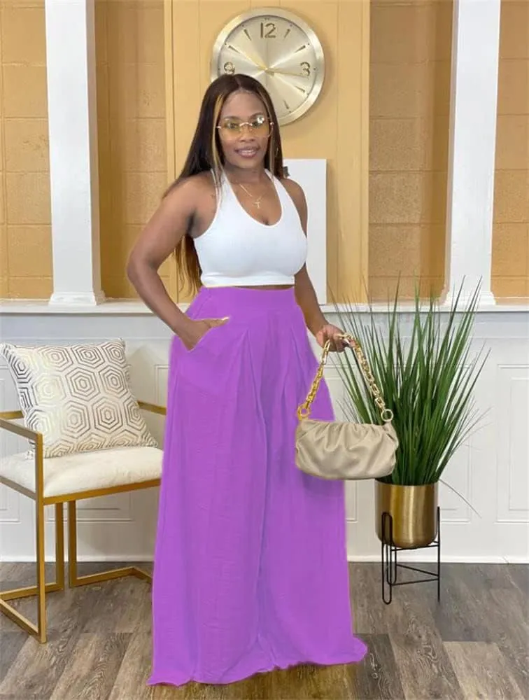 Flowy Pants for Women Casual High Waisted Wide Leg Palazzo Pants Trousers with Pocket Plus Size
