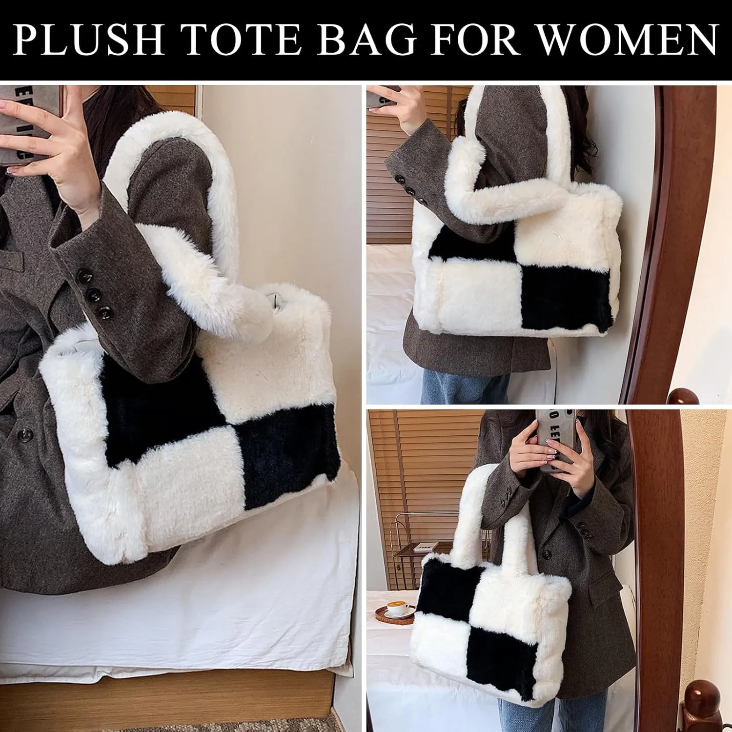 Fluffy Tote Bags Winter Furry Purse for Women Y2K Faux Fur Bag Fuzzy Shoulder Handbag