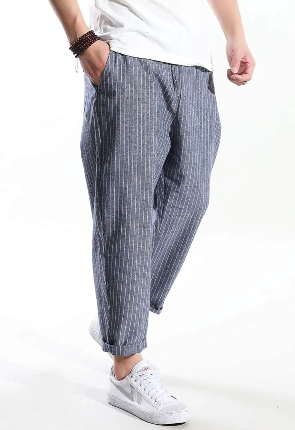 Flygo Mens Casual Loose Striped Harem Pants
