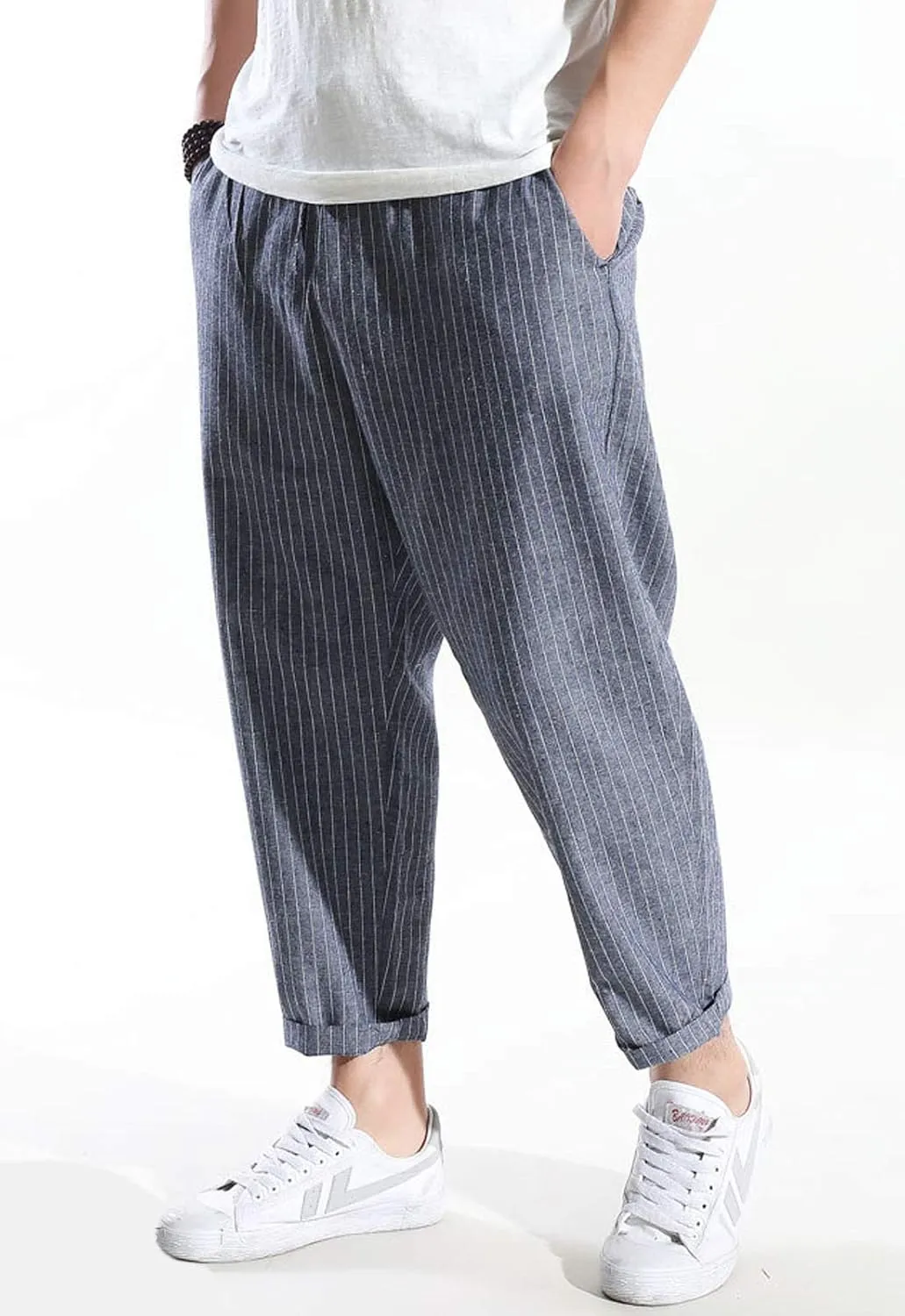 Flygo Mens Casual Loose Striped Harem Pants
