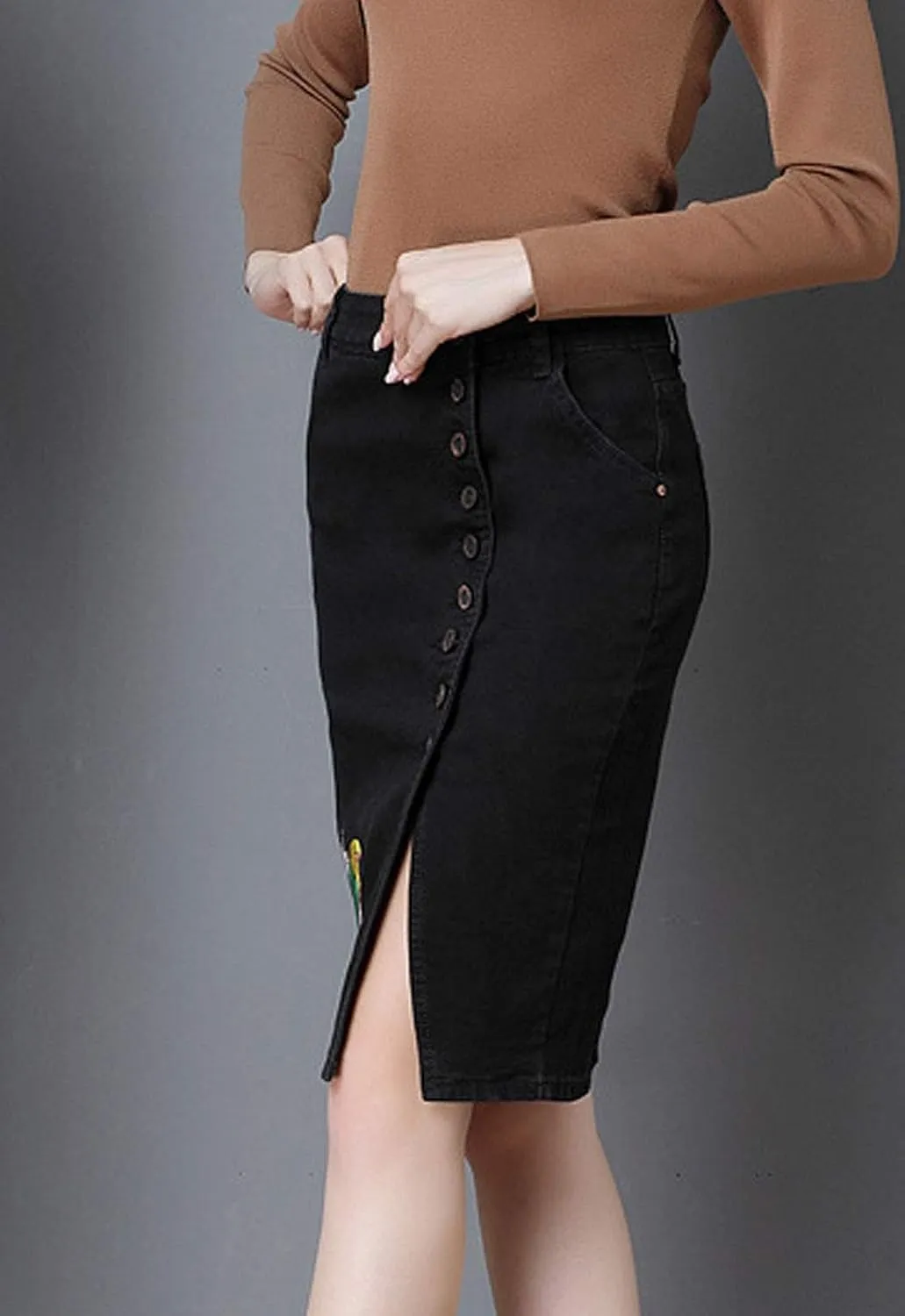 Flygo Women's High Waisted Pencil Jean Denim Midi Skirt