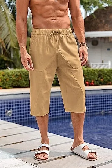 Fommykin Men's Cotton Linen Capri Pants Baggy Harem Drawstring Yoga Beach Pants with Pockets