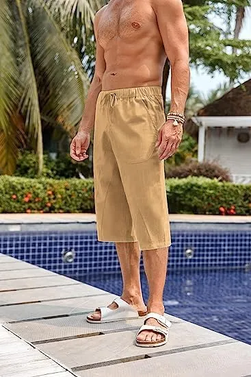 Fommykin Men's Cotton Linen Capri Pants Baggy Harem Drawstring Yoga Beach Pants with Pockets