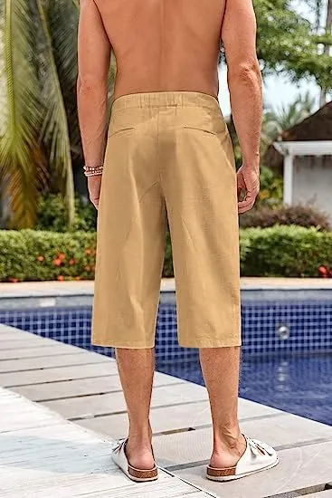 Fommykin Men's Cotton Linen Capri Pants Baggy Harem Drawstring Yoga Beach Pants with Pockets