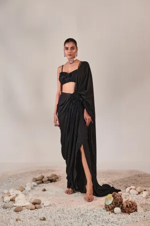 fuss-free pre-stitched drape saree; hand embroidered blouse and feather detailing