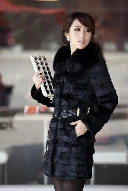 Genuine rabbit fur coat with fox fur collar women rabbit fur jacket winter fur waistcoats custom big size