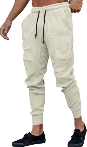 GIERIDUC Mens Stretch Waist Cargo Pants Corduroy Trousers Mens Slim Fit Straight Fit Corduroy Pants Men's Cotton Linen Pants