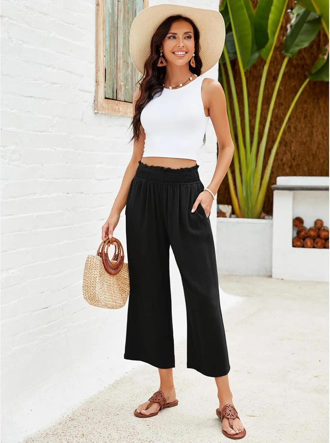 GRAPENT Capri Pants for Women High Waisted Wide Leg Linen Palazzo Trousers Pull On Elastic Smock Waist Loose Flowy Pants