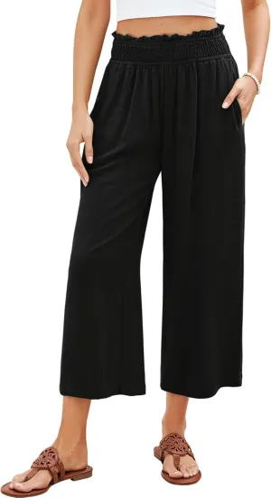 GRAPENT Capri Pants for Women High Waisted Wide Leg Linen Palazzo Trousers Pull On Elastic Smock Waist Loose Flowy Pants