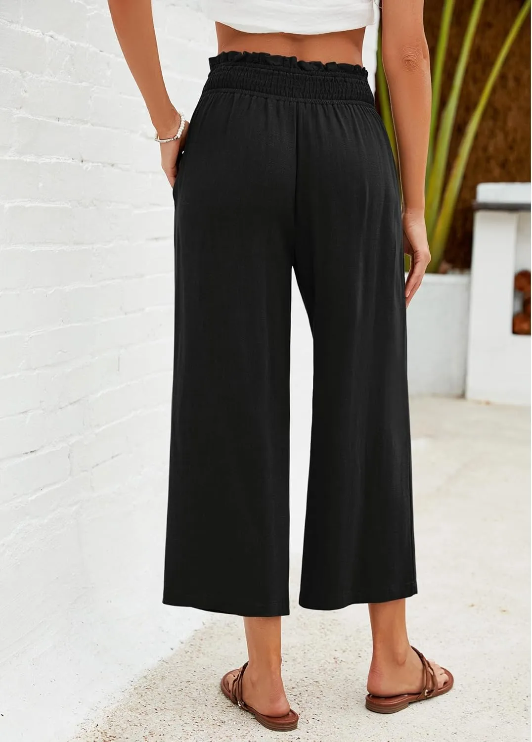 GRAPENT Capri Pants for Women High Waisted Wide Leg Linen Palazzo Trousers Pull On Elastic Smock Waist Loose Flowy Pants