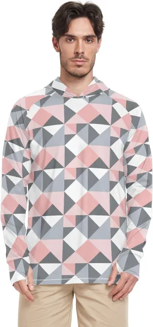 Gray Pink Irregular Triangle Sun Protection Hoodies Long Sleeve Sun Shirt With Hood UPF 50  Quick Dry UV Hooded Rashguard For Men Sailing Shirts enguatada de hombre para la playa